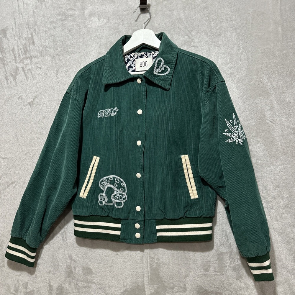 BDG Corduroy Varsity Jacket Women's Size S Green Embroidered Bomber Vibes Pocket